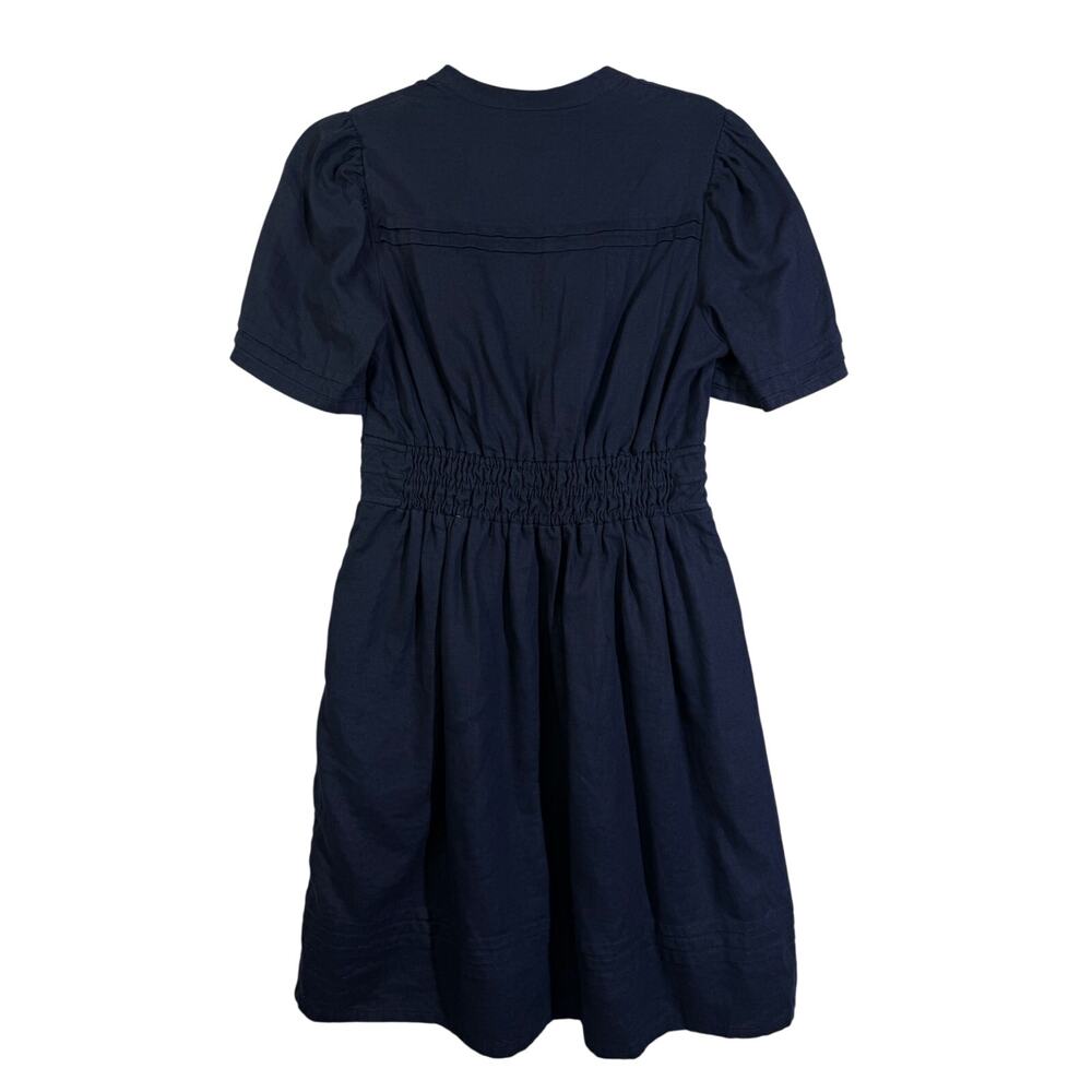 ANTHROPOLOGIE BODEN Dress 8 Linen VNeck Puff Sleeve Elastic Waist Pockets Navy - Picture 4 of 13